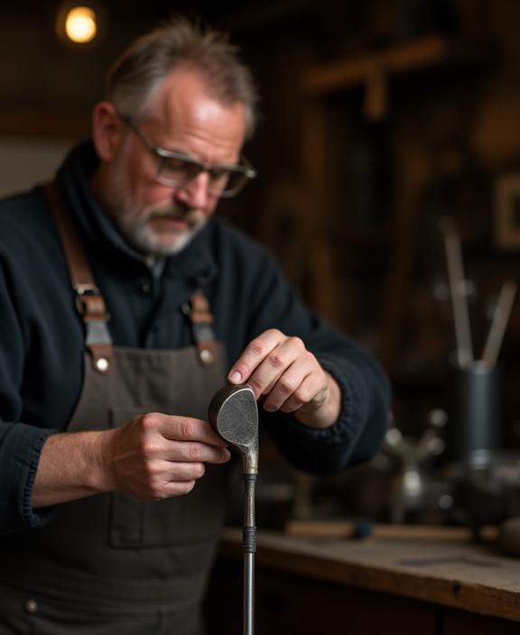 Schmiedemeister bei der sorgfältigen Inspektion eines Golfschlägerkopfs