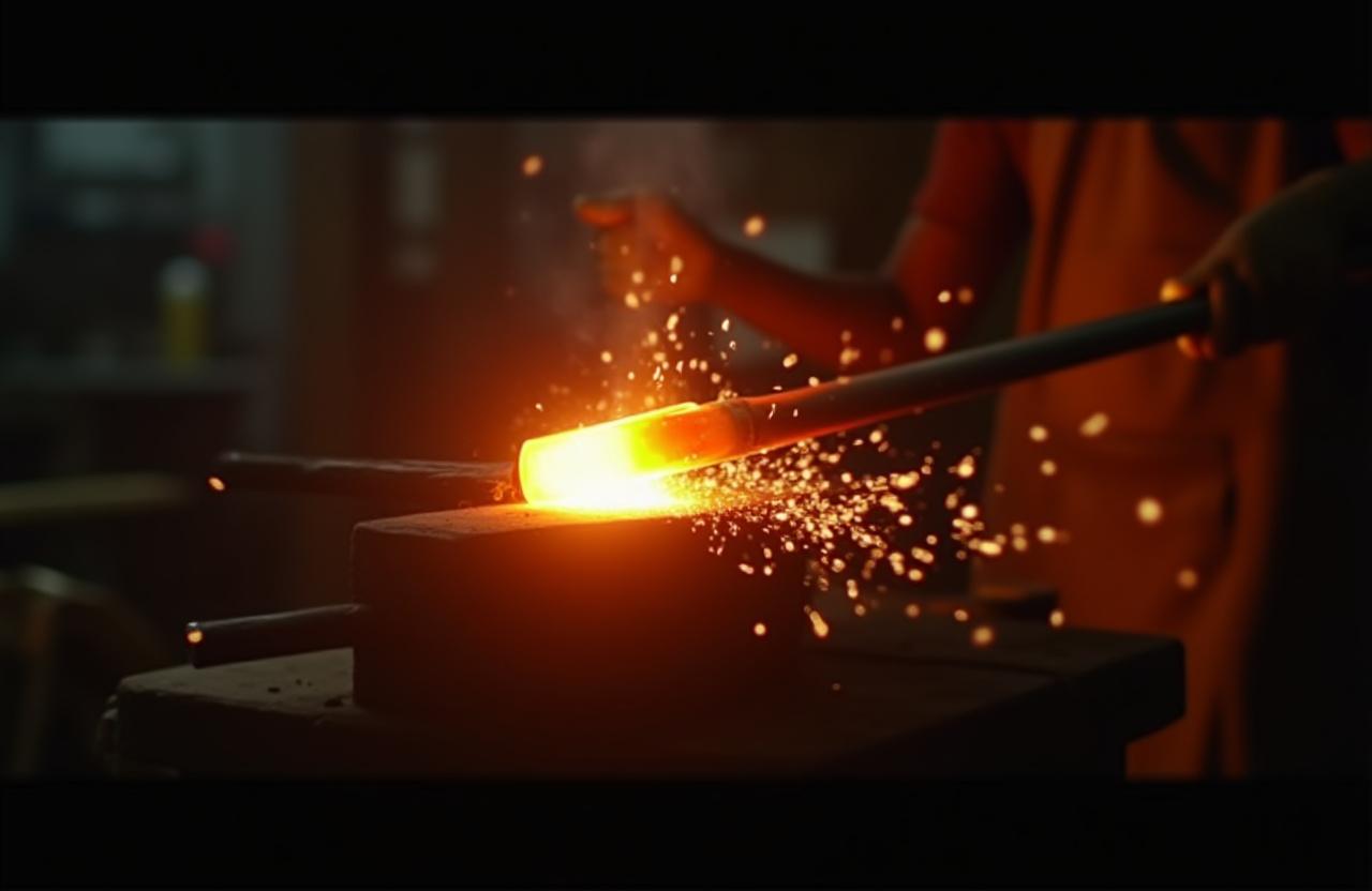 Nahaufnahme eines glühenden Metallstücks in einer Schmiede